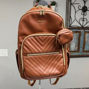 Livevook Quilted Chevron Backpack in Cognac with Gold Hardware EUC